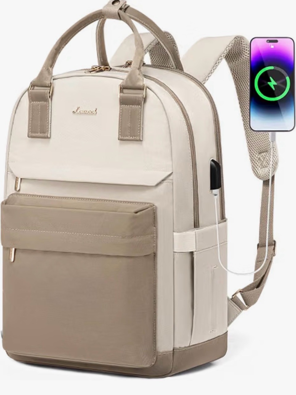 NEW- Convertible Cream and Taupe Women’s Backpack Tote with USB Port
